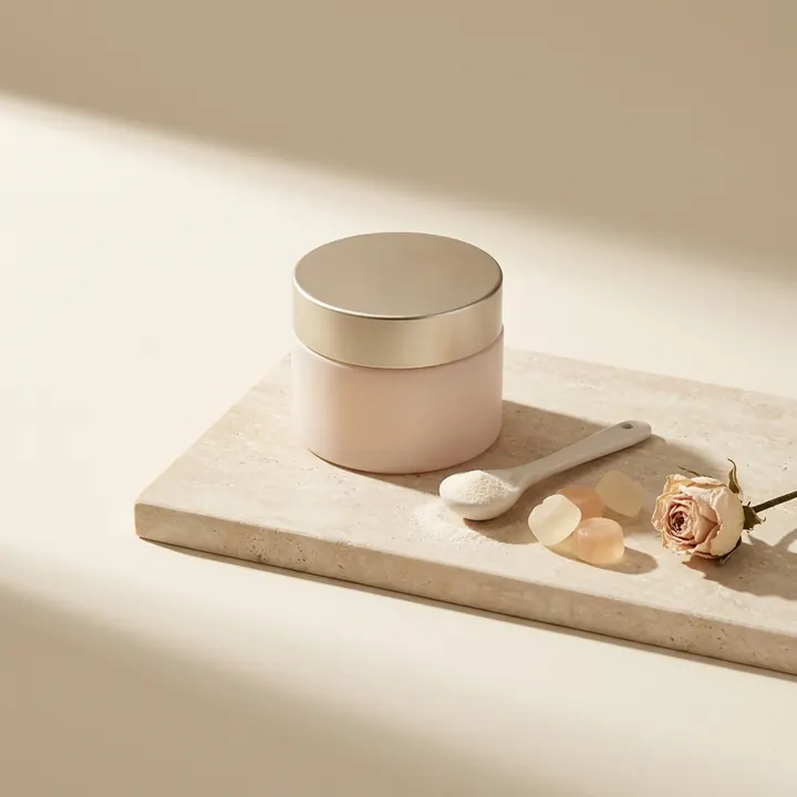 Blush tub with a scoop of powder, gummies and a dried rose bud