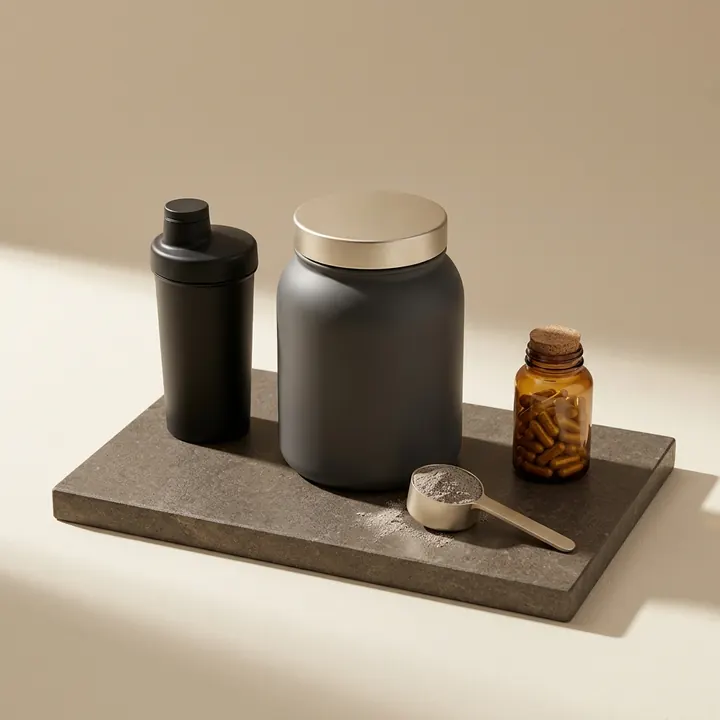 Charcoal powder tub, shaker bottle, scoop and capsule bottle on dark stone