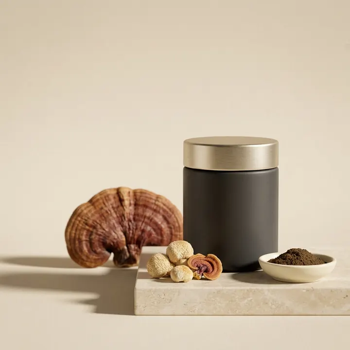 Charcoal jar beside dried mushrooms and a dish of mushroom powder