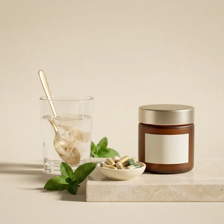 Glass of water with powder, a dish of capsules and an amber jar with mint leaves