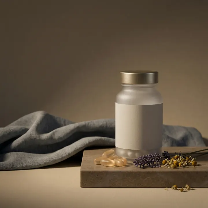 Frosted bottle with capsules, lavender and chamomile in evening light