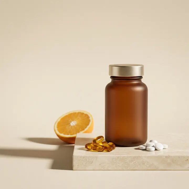 Amber supplement bottle with softgels, tablets and an orange slice on a stone block