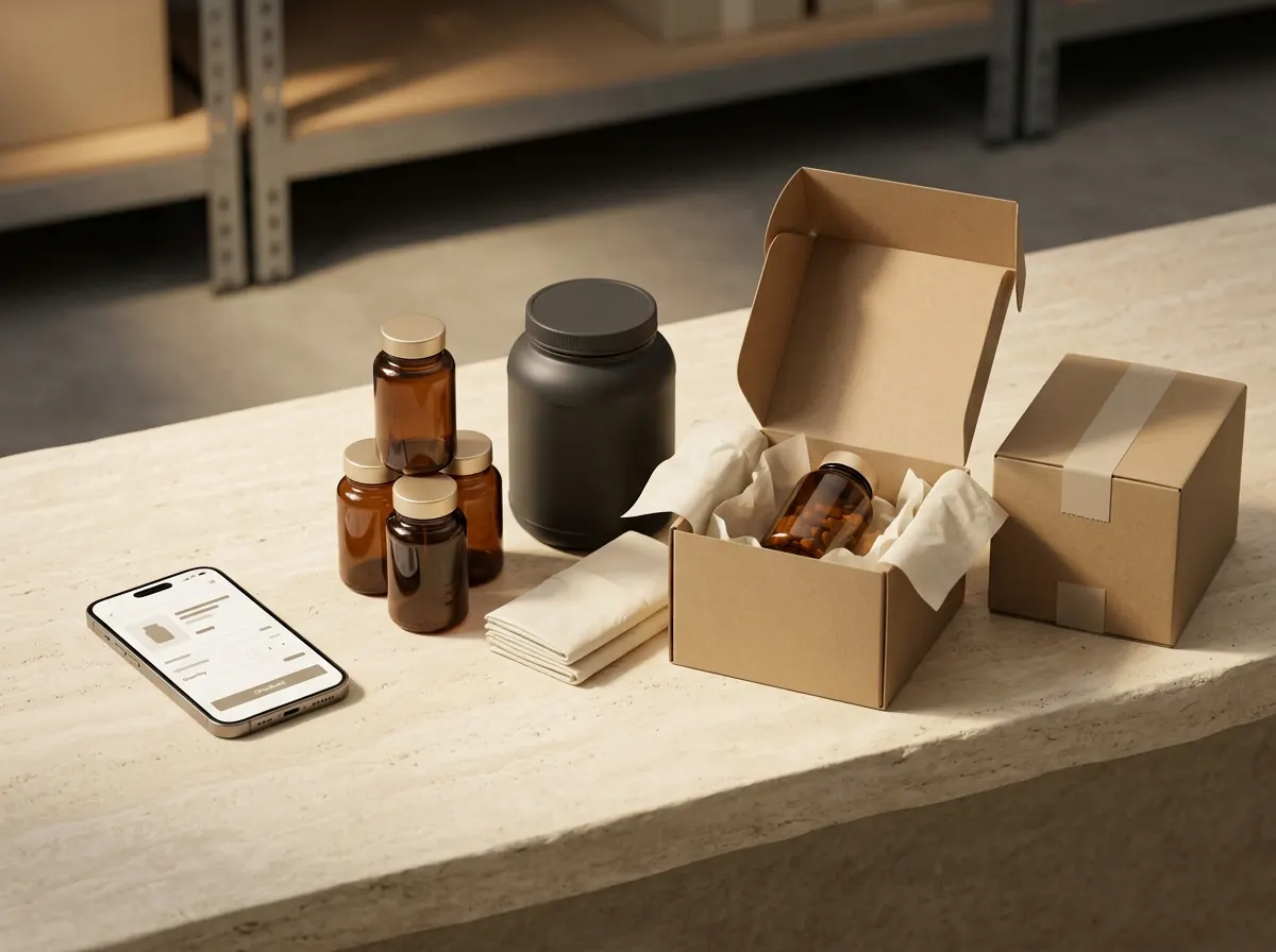 An order on a phone, supplement bottles beside tissue paper, and a shipping box packed and ready to send