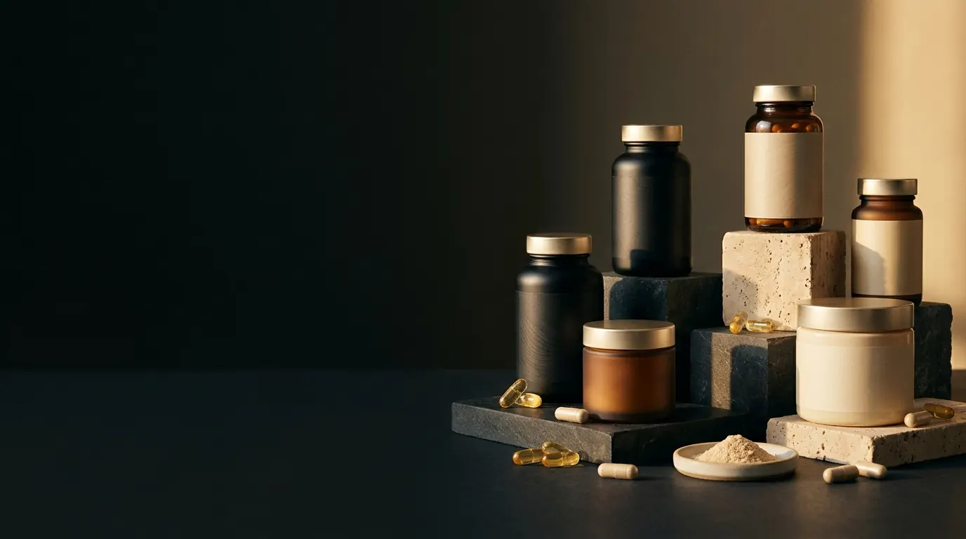 Minimal supplement bottles and jars in amber, black and ivory on stone plinths, lit by warm side light