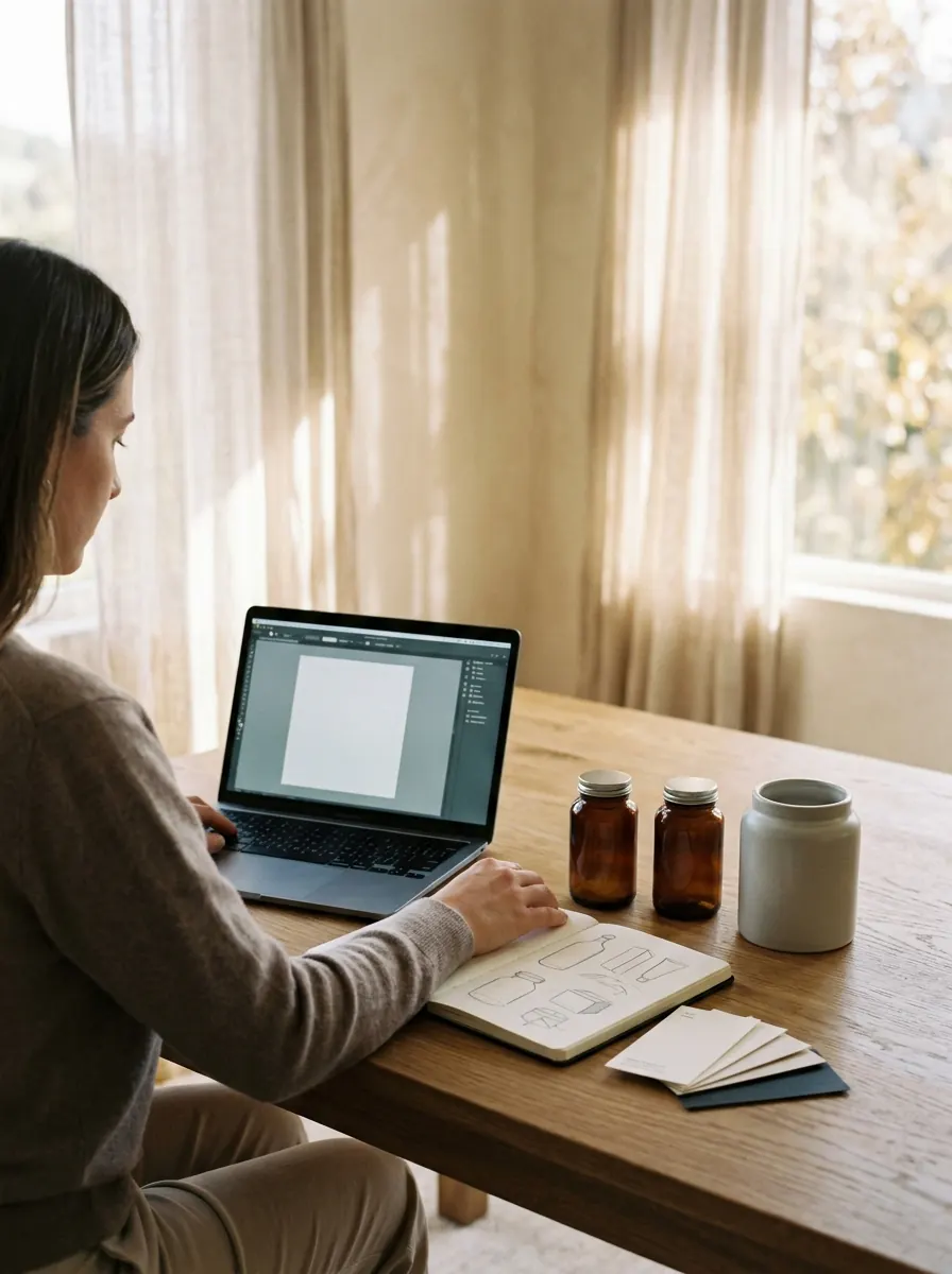 A founder working at a laptop on a sunlit oak table beside packaging sketches and amber bottles