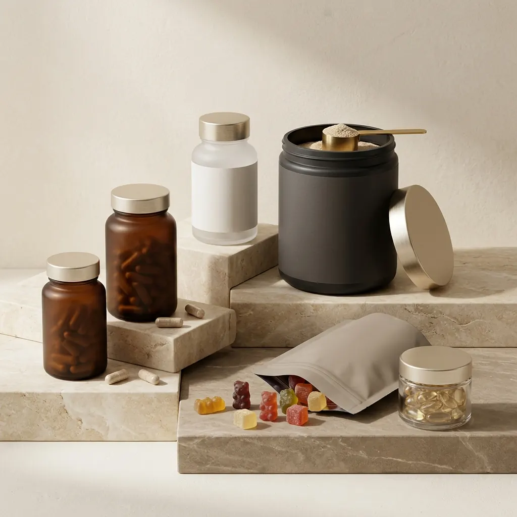 A collection of supplement packaging: amber capsule bottles, a white bottle, a charcoal powder tub, a gummy pouch and a softgel jar
