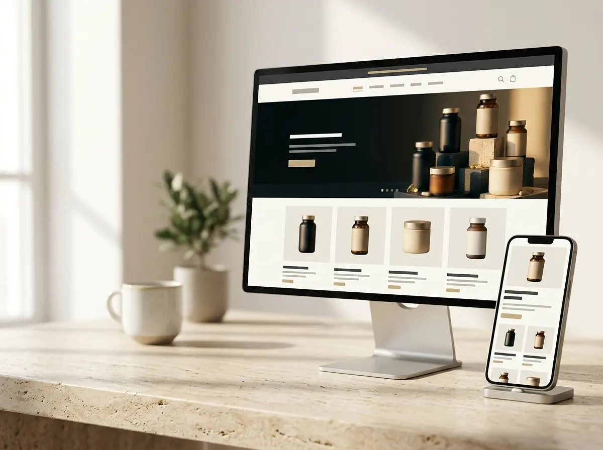 A supplement storefront shown on a desktop monitor and a phone: a hero banner, a product grid and a mobile product page